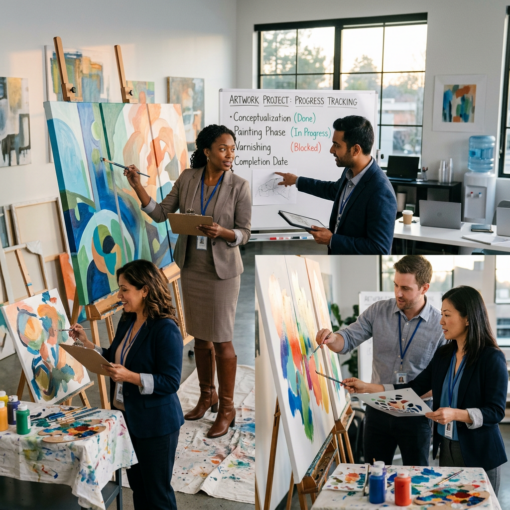 Office workers collaborating on artwork with progress tracking on whiteboard
