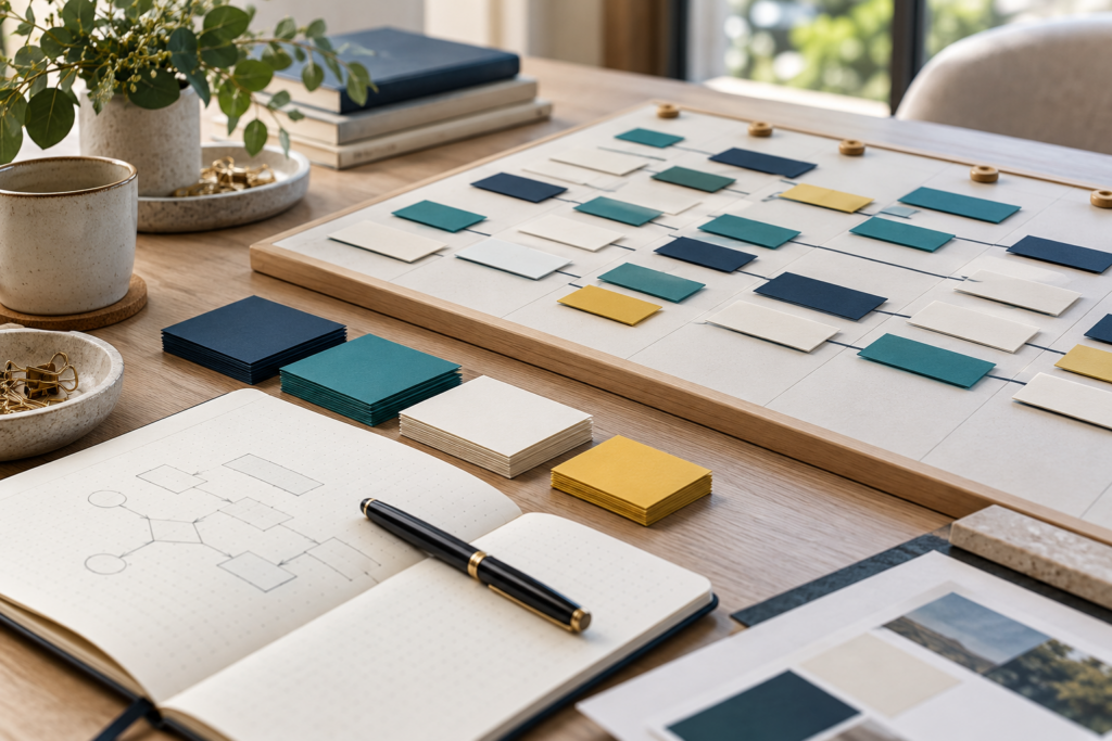 Project planning workspace with organised cards and a notebook