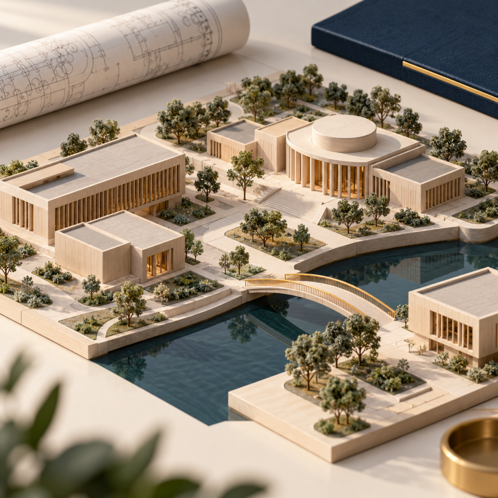 Architectural planning model with buildings, landscaped spaces and a connecting bridge